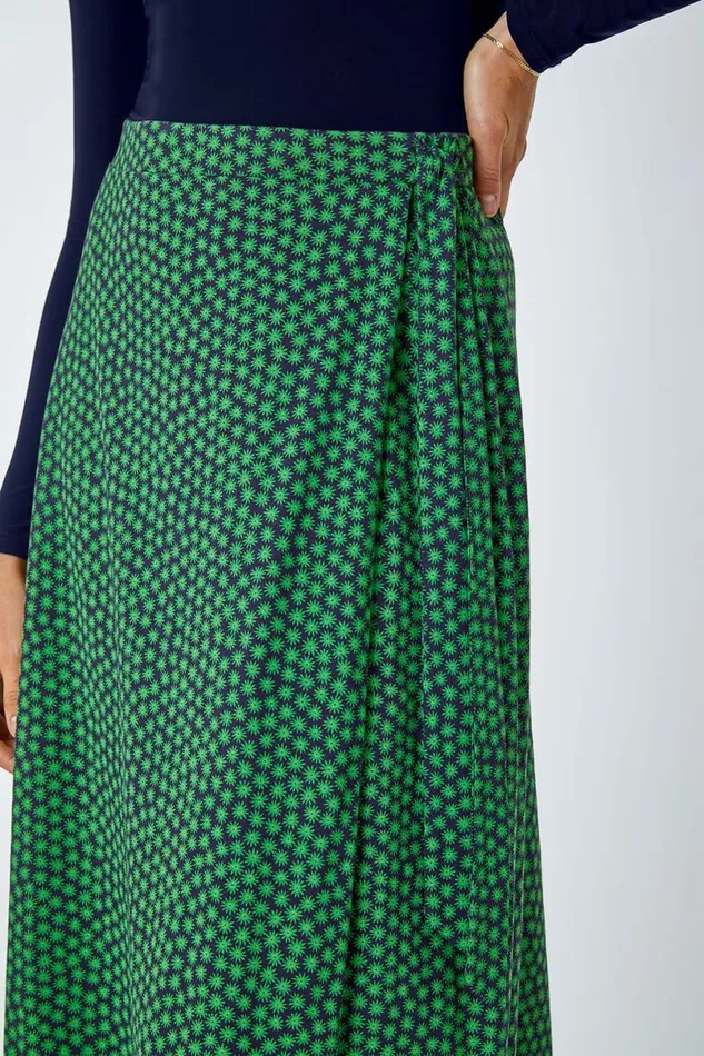 Green Cotton Blend Spot Print Midi Wrap Skirt Women Roman Skirts