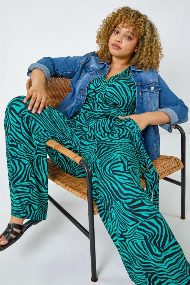 Green Curve Animal Print Stretch Jumpsuit Women Roman Dresses