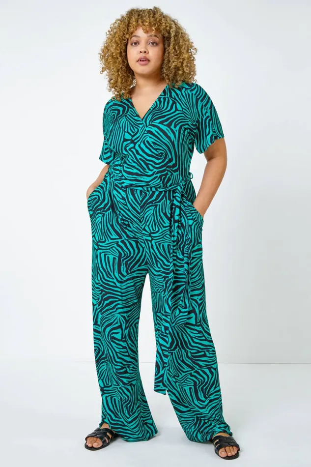Green Curve Animal Print Stretch Jumpsuit Women Roman Dresses