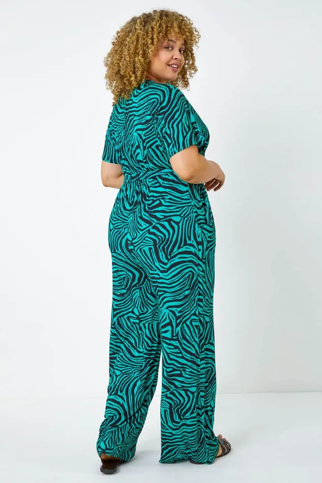 Green Curve Animal Print Stretch Jumpsuit Women Roman Dresses