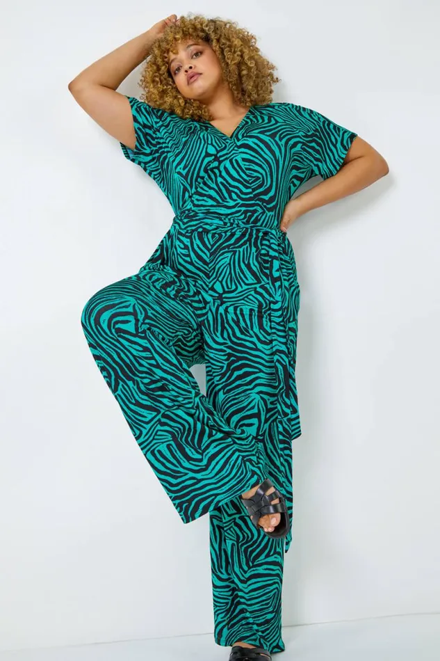 Green Curve Animal Print Stretch Jumpsuit Women Roman Dresses