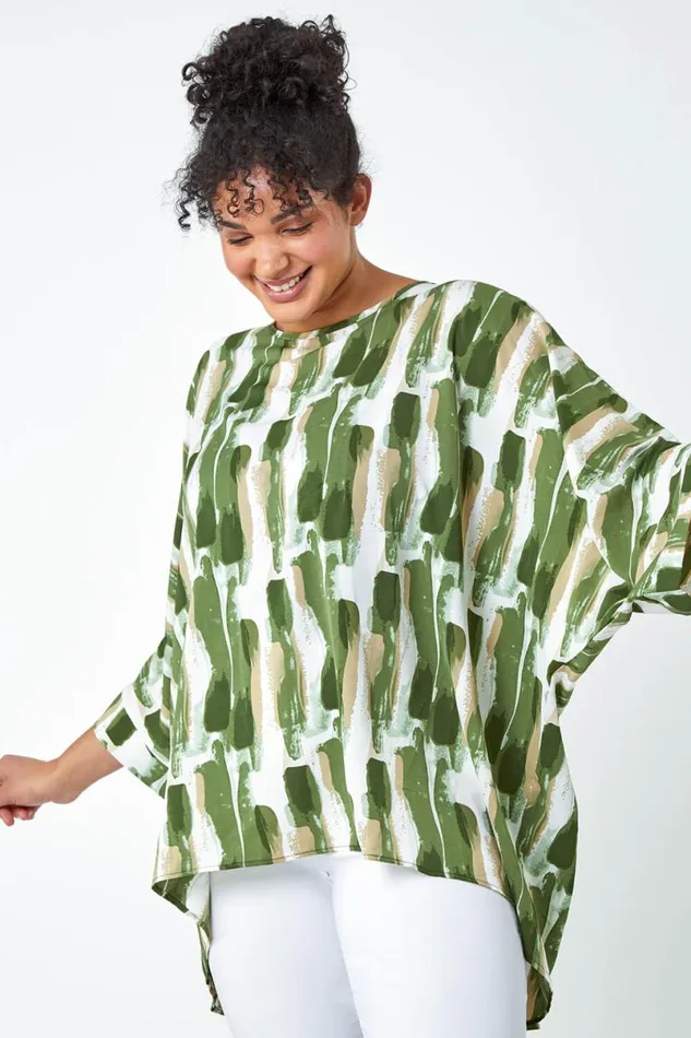 Green Curve Dipped Hem Abstract Print Top Women Roman Tops