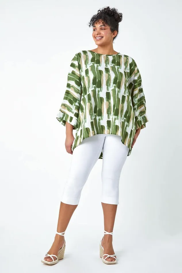 Green Curve Dipped Hem Abstract Print Top Women Roman Tops