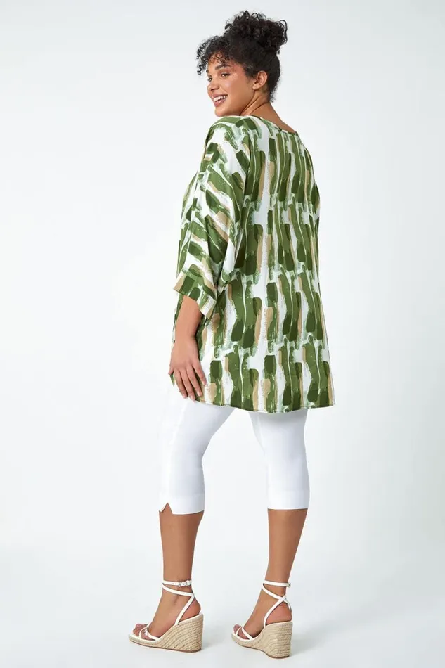 Green Curve Dipped Hem Abstract Print Top Women Roman Tops