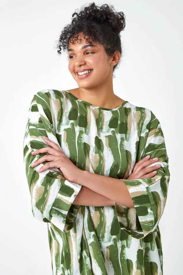 Green Curve Dipped Hem Abstract Print Top Women Roman Tops