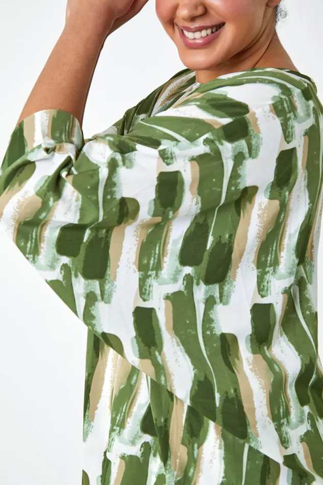 Green Curve Dipped Hem Abstract Print Top Women Roman Tops