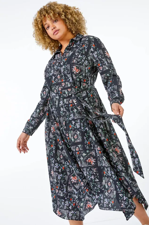 Green Curve Ditsy Print Hanky Hem Shirt Dress Women Roman Dresses
