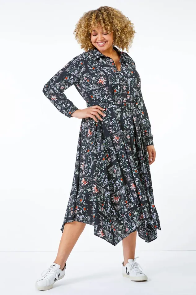 Green Curve Ditsy Print Hanky Hem Shirt Dress Women Roman Dresses