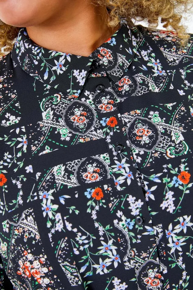 Green Curve Ditsy Print Hanky Hem Shirt Dress Women Roman Dresses