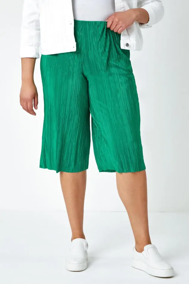 Green Curve Elastic Waist Plisse Culotte Trousers Women Roman Trousers