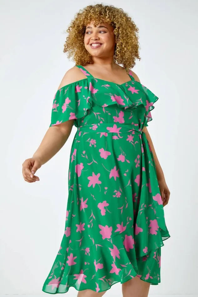 Green Curve Floral Cold Shoulder Chiffon Frill Dress Women Roman Dresses