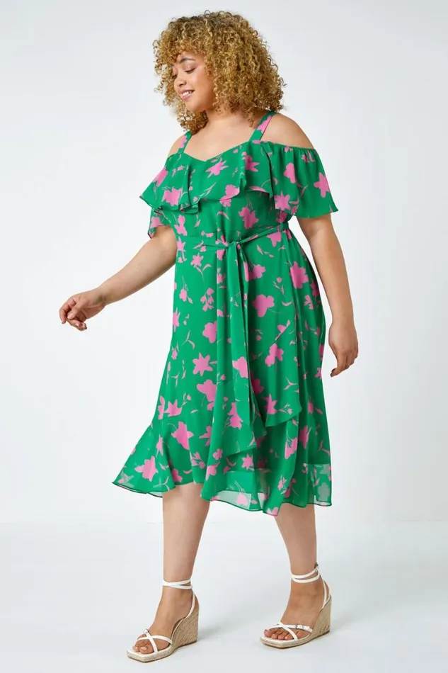 Green Curve Floral Cold Shoulder Chiffon Frill Dress Women Roman Dresses