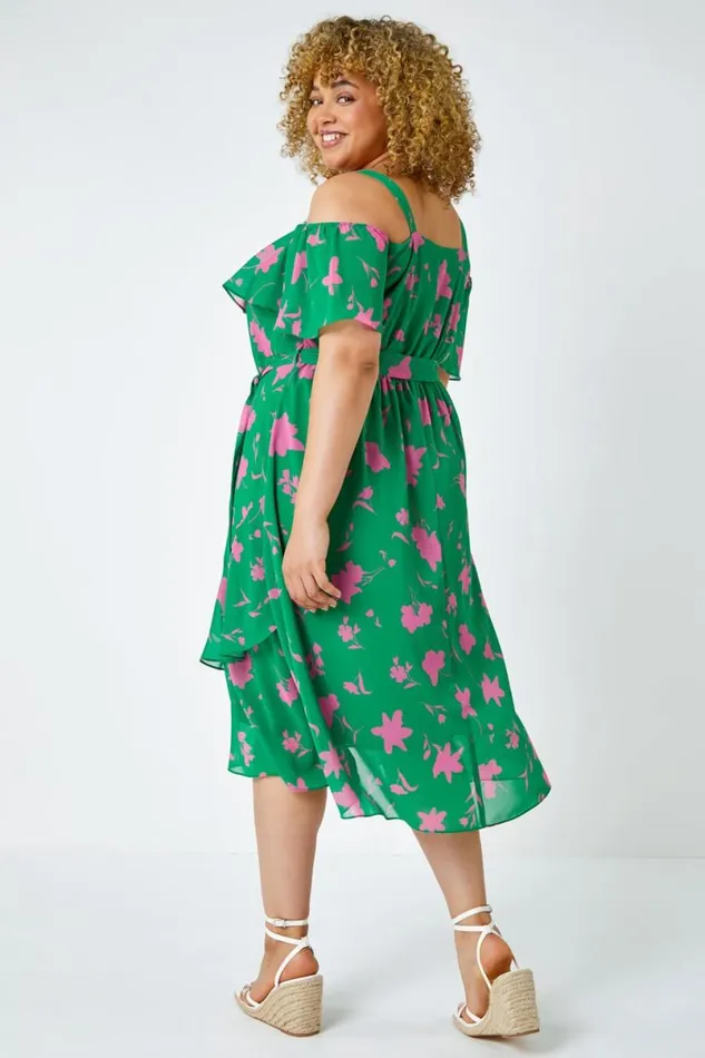 Green Curve Floral Cold Shoulder Chiffon Frill Dress Women Roman Dresses