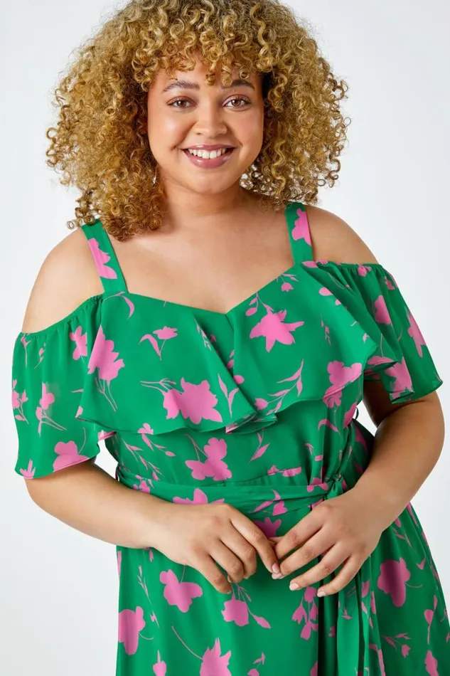 Green Curve Floral Cold Shoulder Chiffon Frill Dress Women Roman Dresses