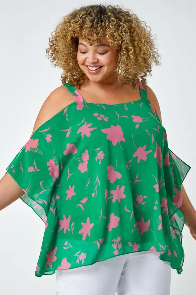 Green Curve Floral Cold Shoulder Chiffon Top Women Roman Tops