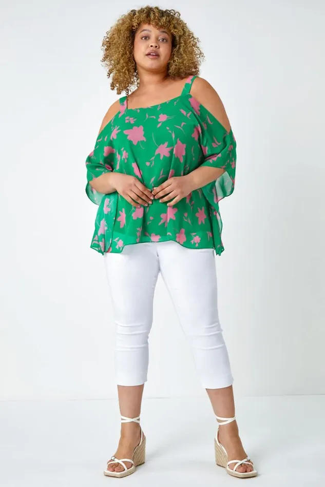 Green Curve Floral Cold Shoulder Chiffon Top Women Roman Tops