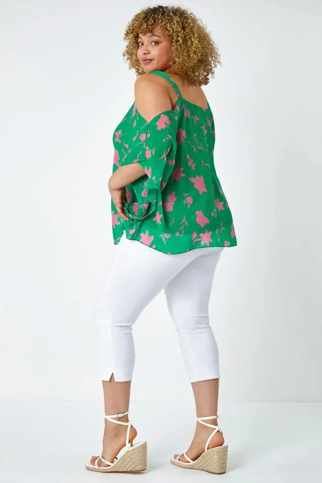 Green Curve Floral Cold Shoulder Chiffon Top Women Roman Tops