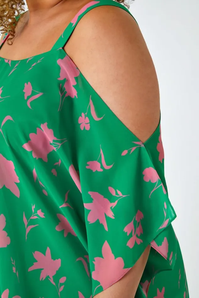 Green Curve Floral Cold Shoulder Chiffon Top Women Roman Tops
