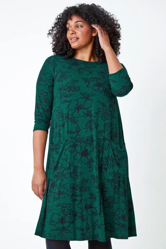 Green Curve Floral Print Swing Stretch Dress Women Roman Dresses