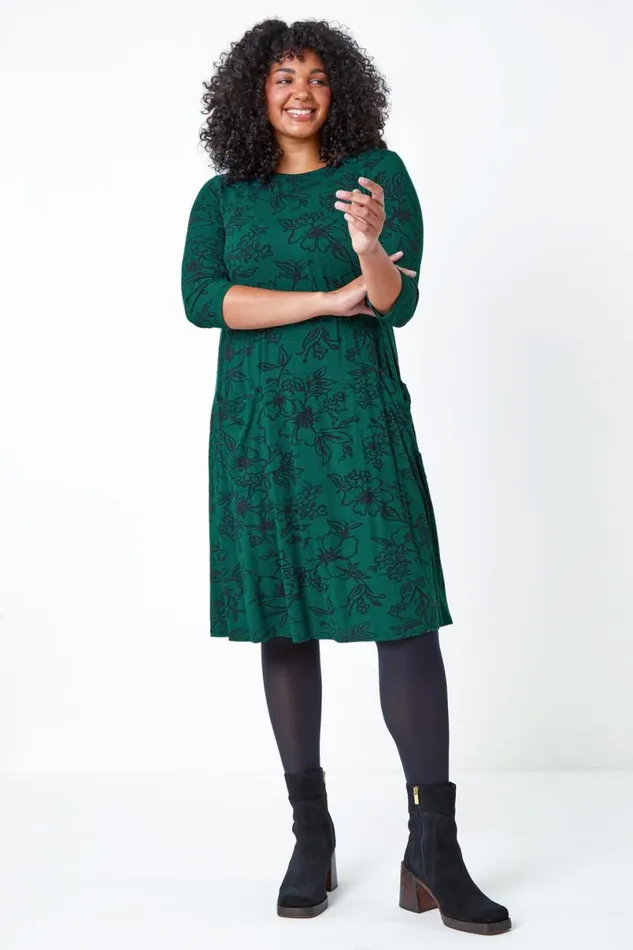 Green Curve Floral Print Swing Stretch Dress Women Roman Dresses