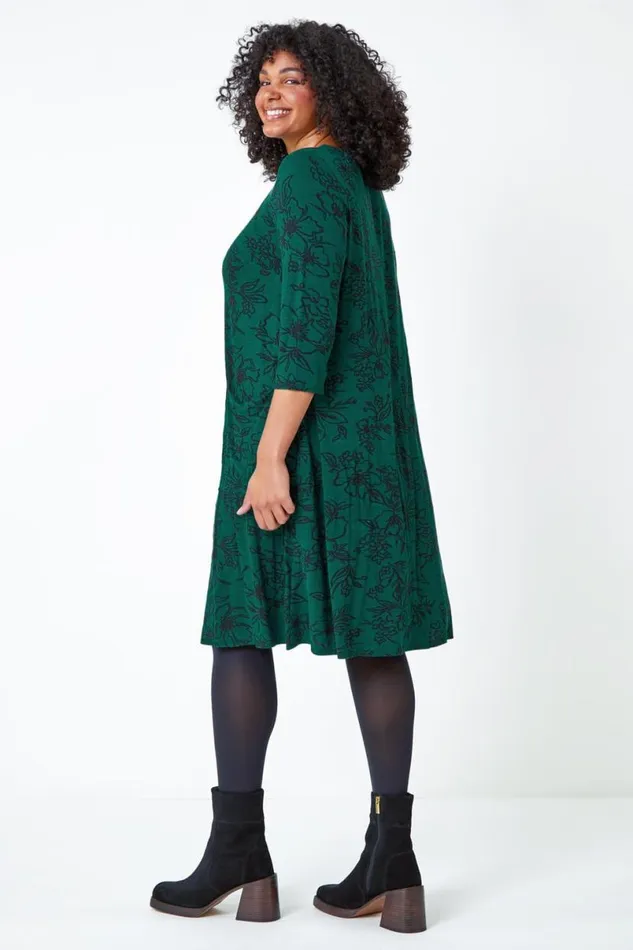 Green Curve Floral Print Swing Stretch Dress Women Roman Dresses