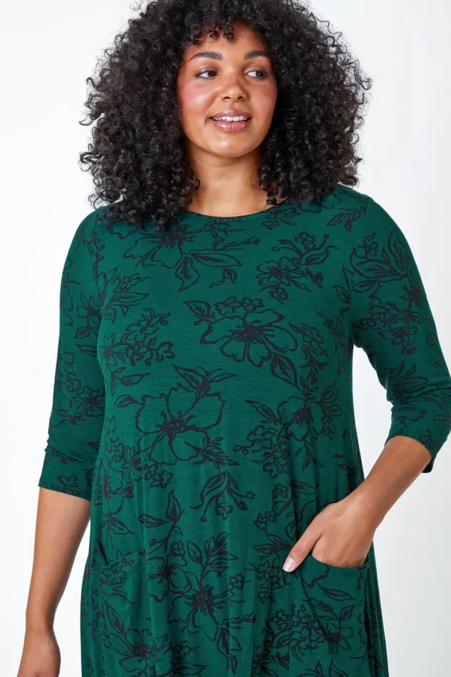 Green Curve Floral Print Swing Stretch Dress Women Roman Dresses