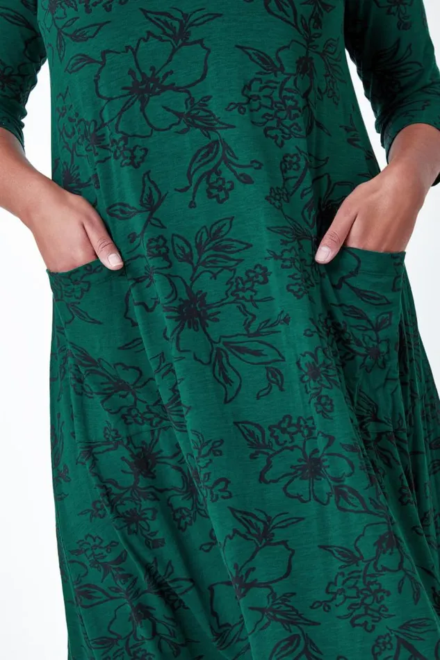 Green Curve Floral Print Swing Stretch Dress Women Roman Dresses