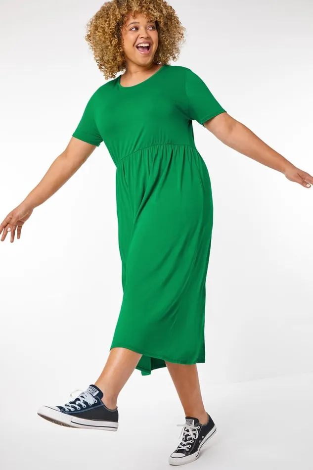 Green Curve Gathered Skirt Midi Stretch Dress Women Roman Dresses