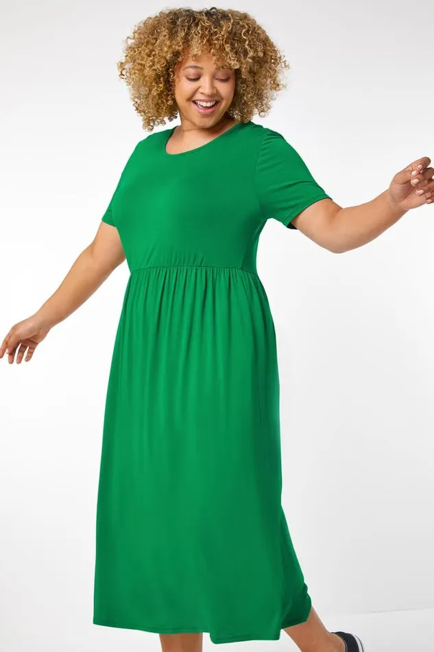 Green Curve Gathered Skirt Midi Stretch Dress Women Roman Dresses
