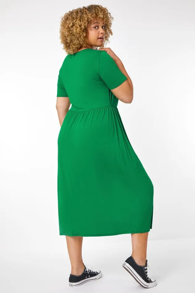 Green Curve Gathered Skirt Midi Stretch Dress Women Roman Dresses