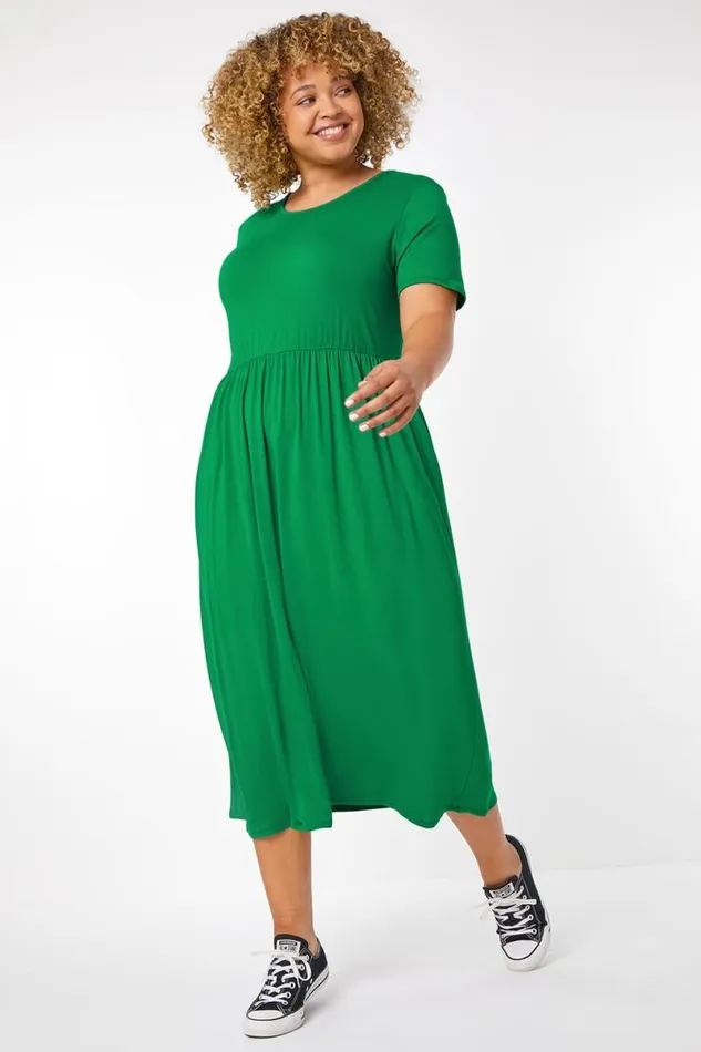 Green Curve Gathered Skirt Midi Stretch Dress Women Roman Dresses