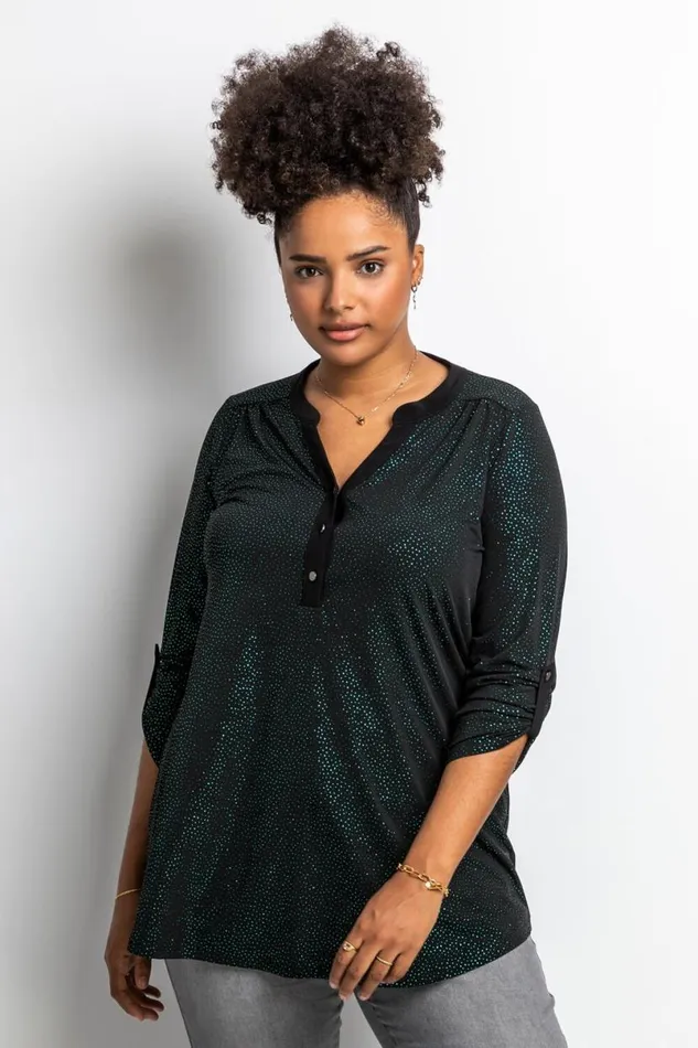 Green Curve Glitter Button Tunic Top Women Roman Tops