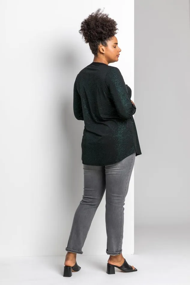Green Curve Glitter Button Tunic Top Women Roman Tops