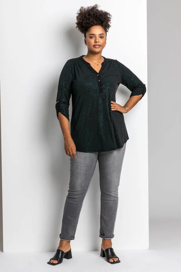Green Curve Glitter Button Tunic Top Women Roman Tops