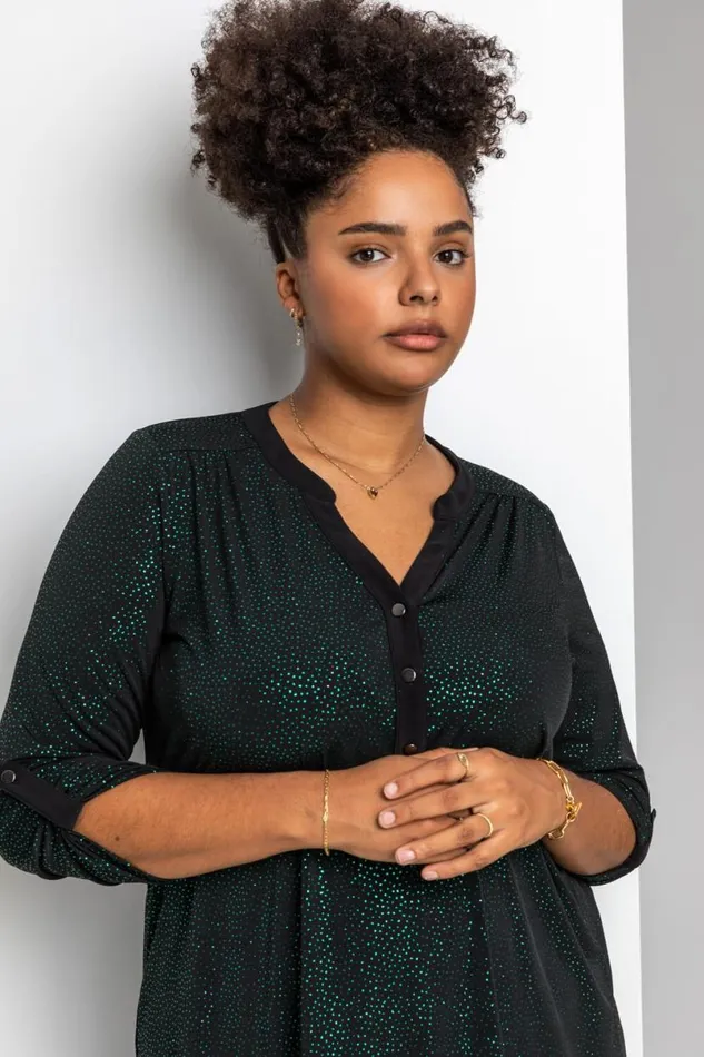 Green Curve Glitter Button Tunic Top Women Roman Tops
