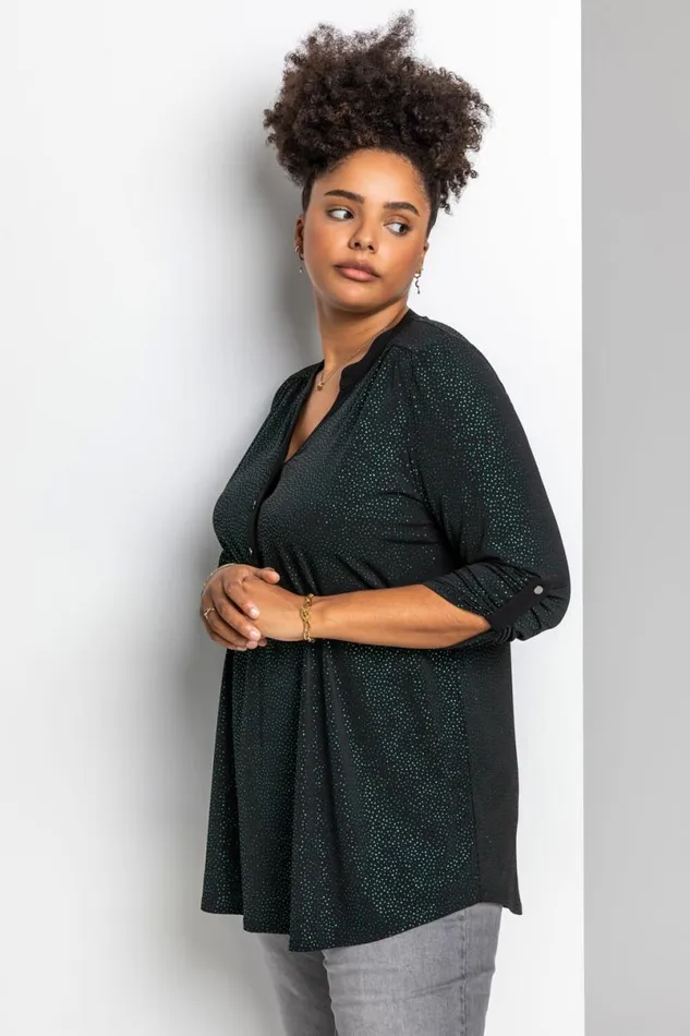 Green Curve Glitter Button Tunic Top Women Roman Tops