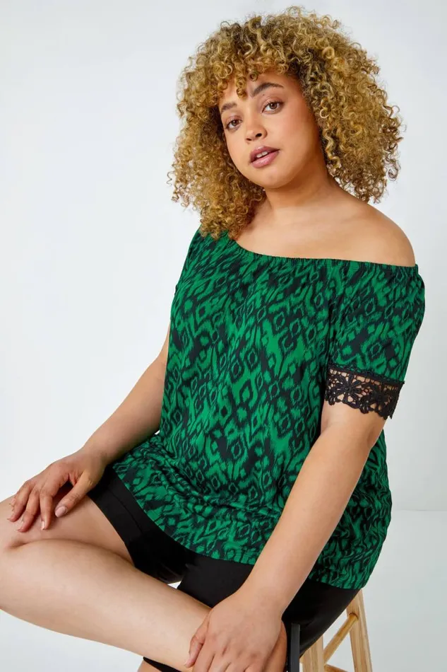 Green Curve Lace Trim Bardot Stretch Top Women Roman Tops