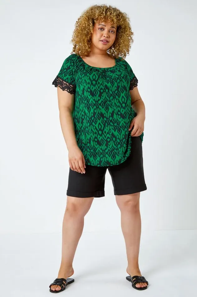Green Curve Lace Trim Bardot Stretch Top Women Roman Tops