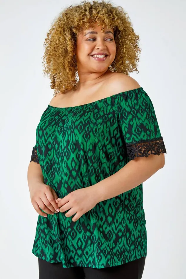 Green Curve Lace Trim Bardot Stretch Top Women Roman Tops