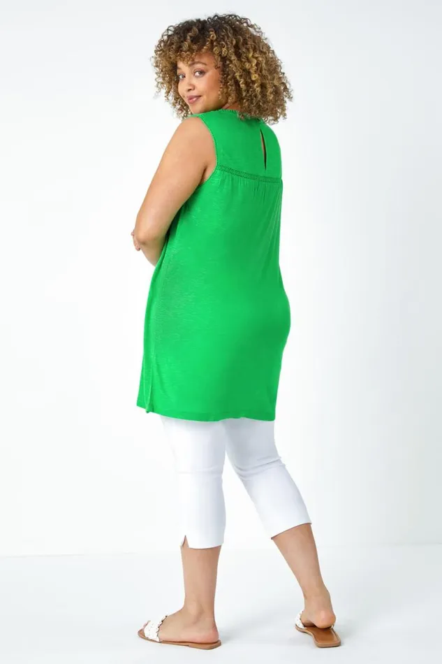 Green Curve Sleeveless Longline Broderie Top Women Roman Tops
