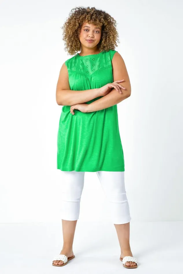 Green Curve Sleeveless Longline Broderie Top Women Roman Tops