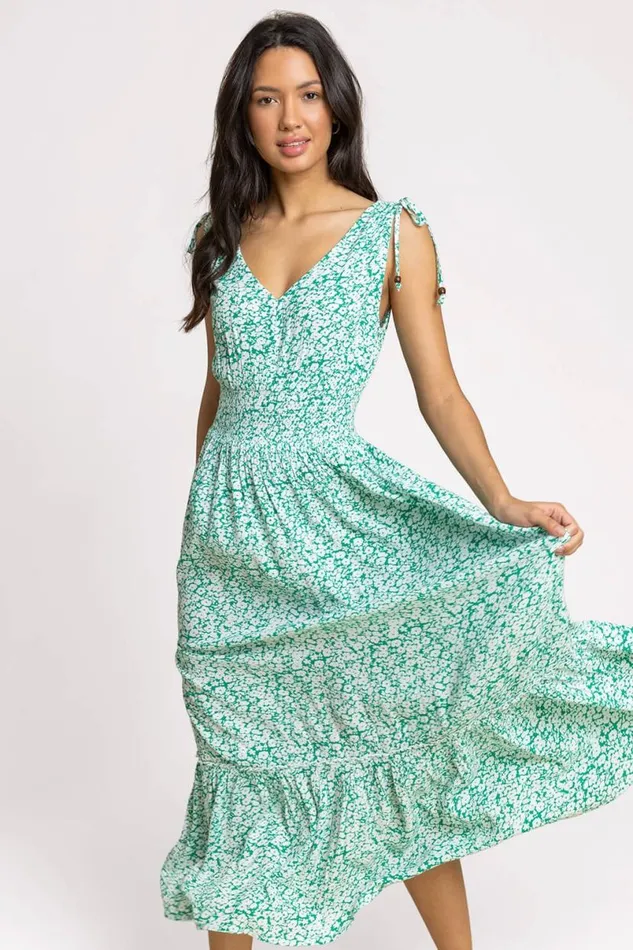 Green Ditsy Floral Shirred Waist Maxi Dress Women Roman Dresses