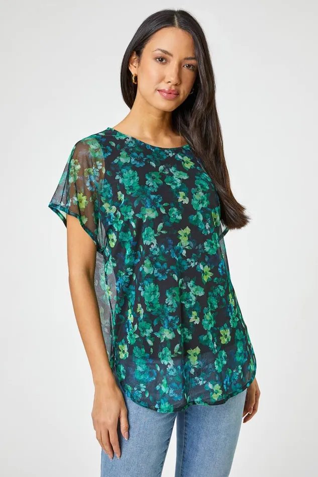 Green Floral Print Mesh Overlay Tunic Top Women Roman Tops