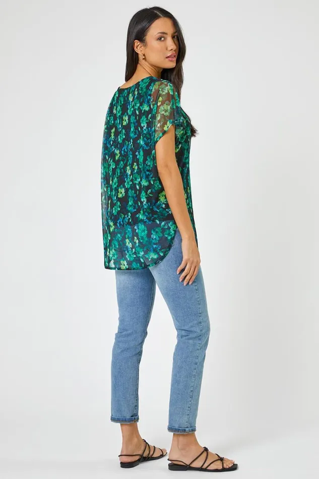 Green Floral Print Mesh Overlay Tunic Top Women Roman Tops