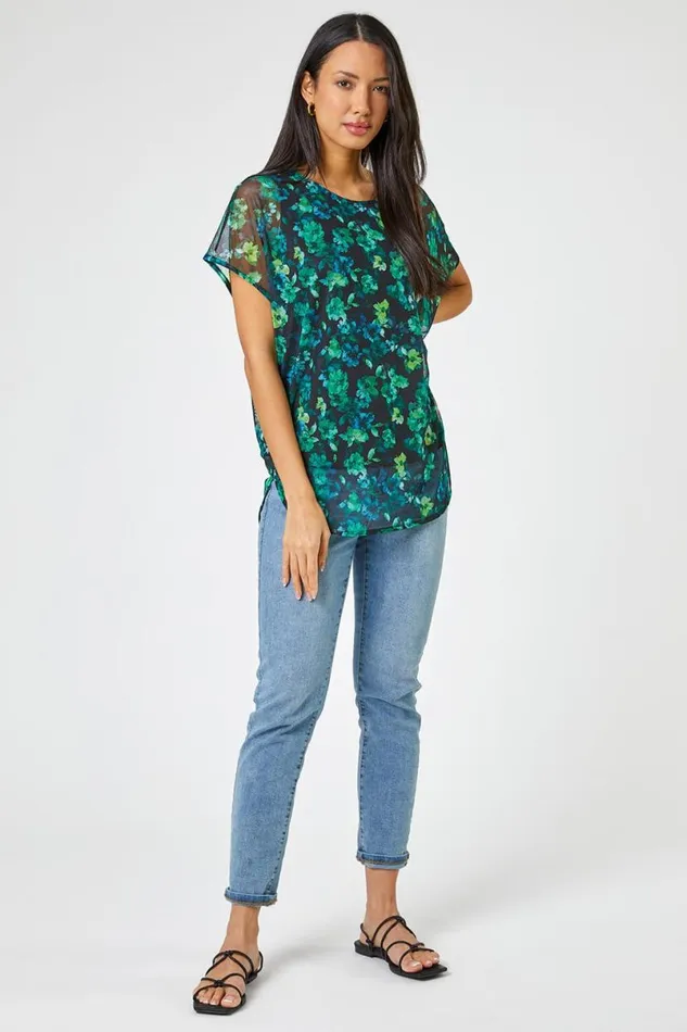 Green Floral Print Mesh Overlay Tunic Top Women Roman Tops