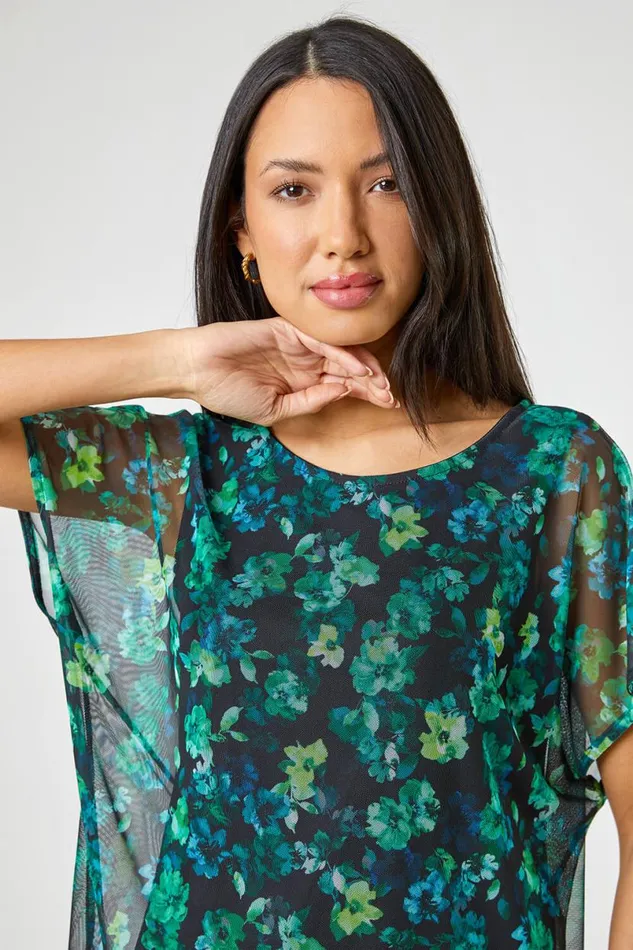 Green Floral Print Mesh Overlay Tunic Top Women Roman Tops