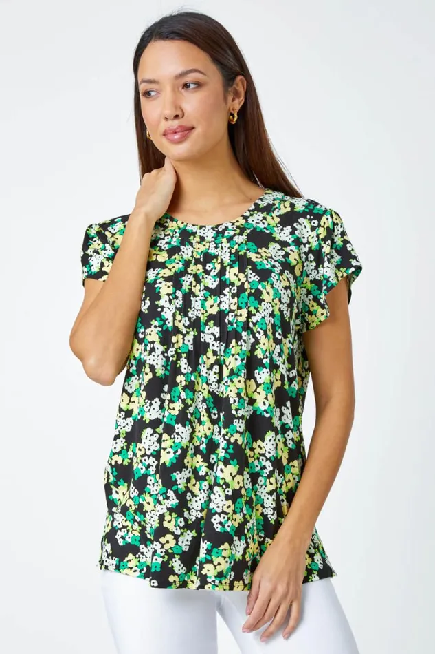 Green Floral Print Pleat Detail Blouse Women Roman Tops