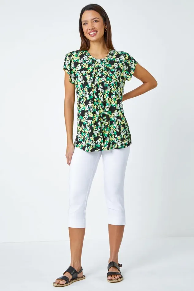 Green Floral Print Pleat Detail Blouse Women Roman Tops