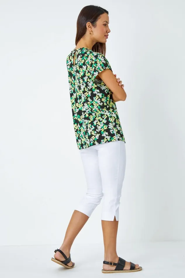 Green Floral Print Pleat Detail Blouse Women Roman Tops