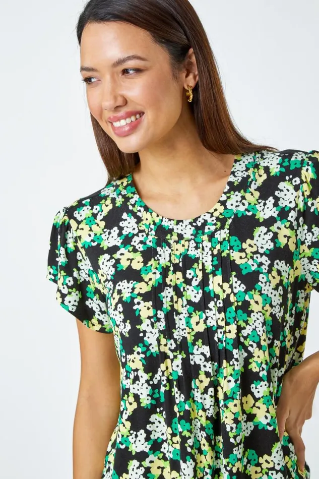 Green Floral Print Pleat Detail Blouse Women Roman Tops